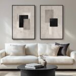 Large Framed Neutral Abstract Wall Art for Living Room, Set of 2 Black and Beige Modern Canvas Prints Paintings Artwork for Walls, Minimalist Block Lines Pictures for Hallway Office Wall Decor 24×36 In