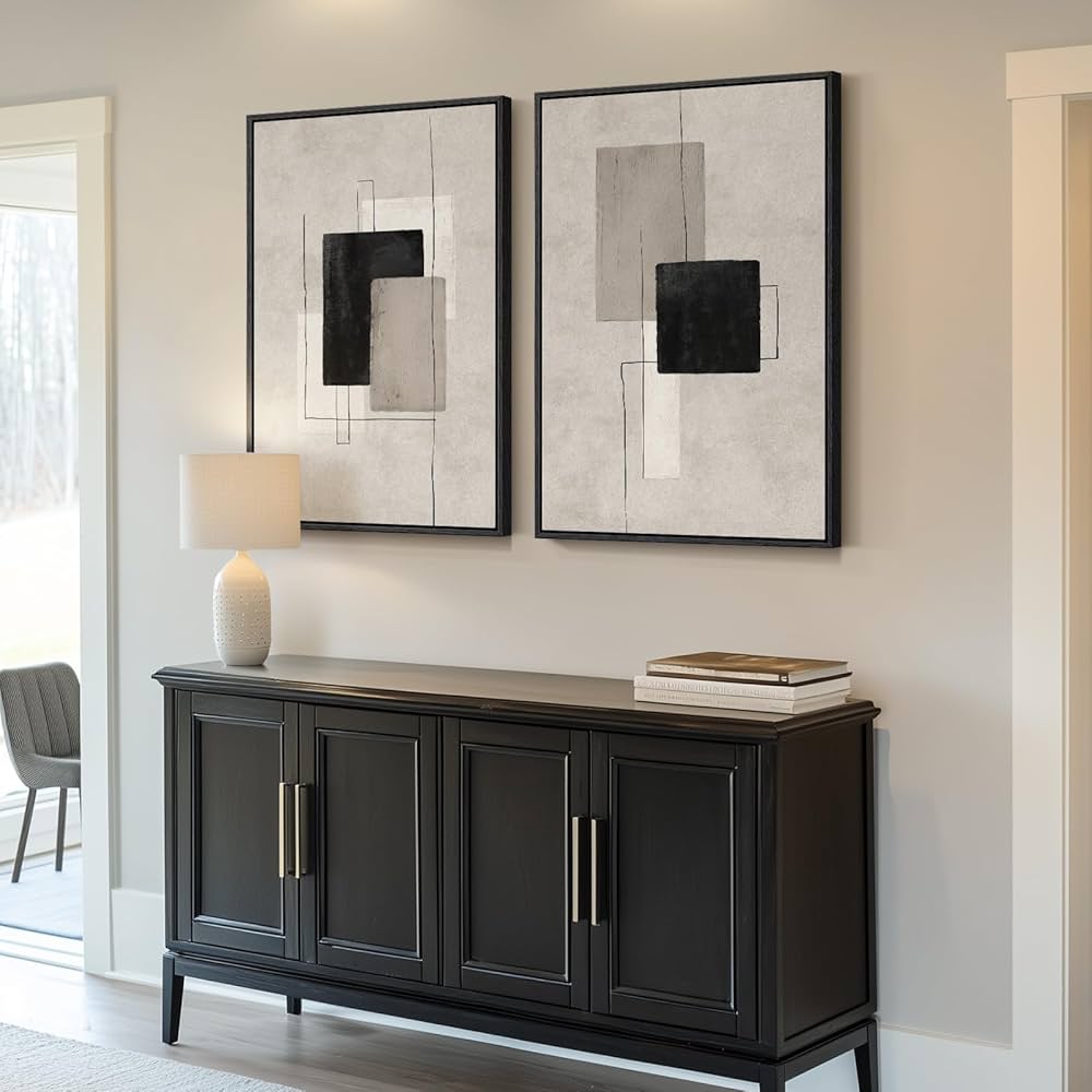 Large Framed Neutral Abstract Wall Art for Living Room, Set of 2 Black and Beige Modern Canvas Prints Paintings Artwork for Walls, Minimalist Block Lines Pictures for Hallway Office Wall Decor 24×36 In
