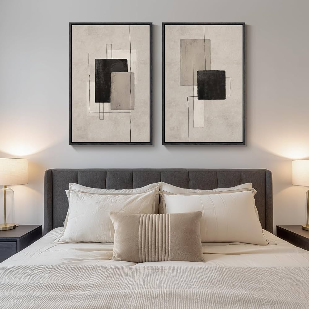 Large Framed Neutral Abstract Wall Art for Living Room, Set of 2 Black and Beige Modern Canvas Prints Paintings Artwork for Walls, Minimalist Block Lines Pictures for Hallway Office Wall Decor 24×36 In