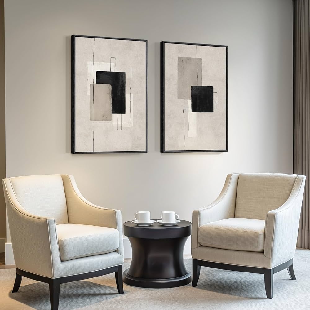 Large Framed Neutral Abstract Wall Art for Living Room, Set of 2 Black and Beige Modern Canvas Prints Paintings Artwork for Walls, Minimalist Block Lines Pictures for Hallway Office Wall Decor 24×36 In