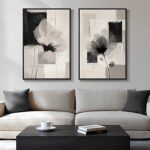 Large Framed Neutral Abstract Floral Wall Art, Set of 2 Black and Beige Modern Canvas Prints Paintings Artwork for Walls, Minimalist Pictures for Living Room, Dining Room, Bedroom Wall Decor 24×36 In