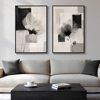 Large Framed Neutral Abstract Floral Wall Art, Set of 2 Black and Beige Modern Canvas Prints Paintings Artwork for Walls, Minimalist Pictures for Living Room, Dining Room, Bedroom Wall Decor 24×36 In