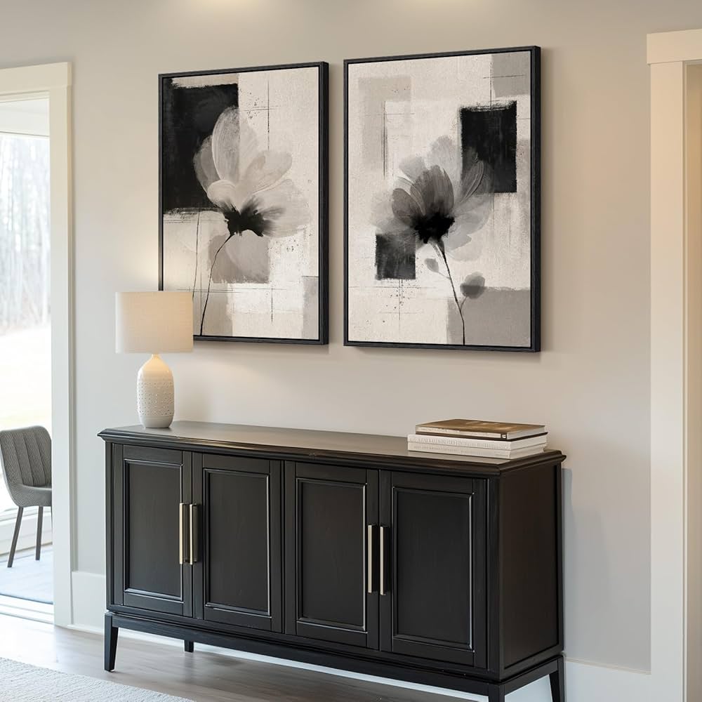 Large Framed Neutral Abstract Floral Wall Art, Set of 2 Black and Beige Modern Canvas Prints Paintings Artwork for Walls, Minimalist Pictures for Living Room, Dining Room, Bedroom Wall Decor 24×36 In