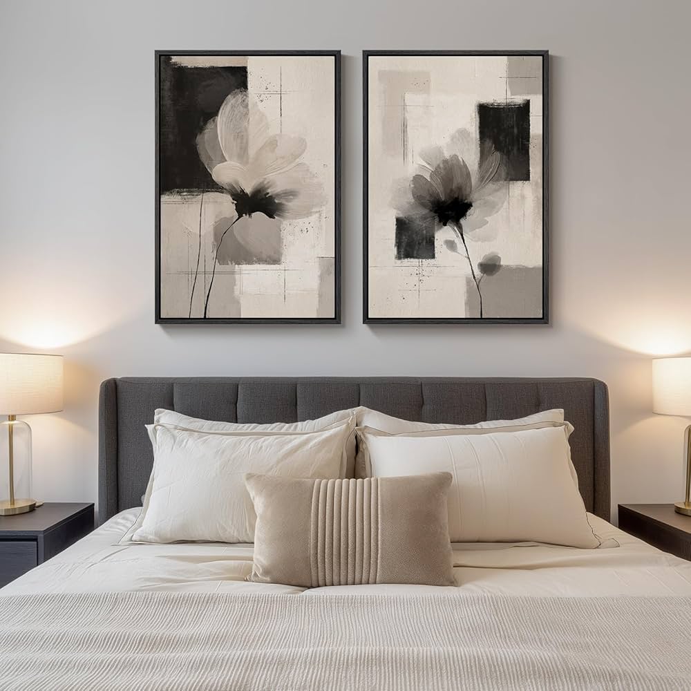 Large Framed Neutral Abstract Floral Wall Art, Set of 2 Black and Beige Modern Canvas Prints Paintings Artwork for Walls, Minimalist Pictures for Living Room, Dining Room, Bedroom Wall Decor 24×36 In