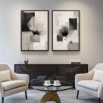Large Framed Neutral Abstract Floral Wall Art, Set of 2 Black and Beige Modern Canvas Prints Paintings Artwork for Walls, Minimalist Pictures for Living Room, Dining Room, Bedroom Wall Decor 24×36 In