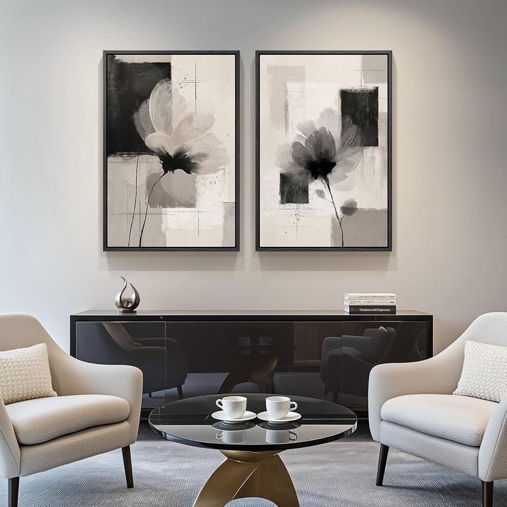 Large Framed Neutral Abstract Floral Wall Art, Set of 2 Black and Beige Modern Canvas Prints Paintings Artwork for Walls, Minimalist Pictures for Living Room, Dining Room, Bedroom Wall Decor 24×36 In