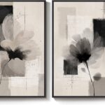 Large Framed Neutral Abstract Floral Wall Art, Set of 2 Black and Beige Modern Canvas Prints Paintings Artwork for Walls, Minimalist Pictures for Living Room, Dining Room, Bedroom Wall Decor 24×36 In