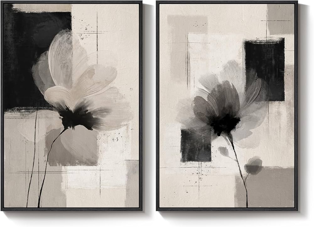Large Framed Neutral Abstract Floral Wall Art, Set of 2 Black and Beige Modern Canvas Prints Paintings Artwork for Walls, Minimalist Pictures for Living Room, Dining Room, Bedroom Wall Decor 24×36 In
