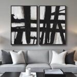 Large Framed Black and White Abstract Wall Art for Living Room, 2 Piece Modern Canvas Prints Wall Paintings Artwork for Walls, Minimalist Black Lines Pictures for Hallway Office Wall Decor 24×36 In