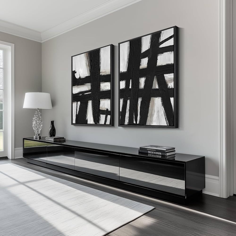 Large Framed Black and White Abstract Wall Art for Living Room, 2 Piece Modern Canvas Prints Wall Paintings Artwork for Walls, Minimalist Black Lines Pictures for Hallway Office Wall Decor 24×36 In