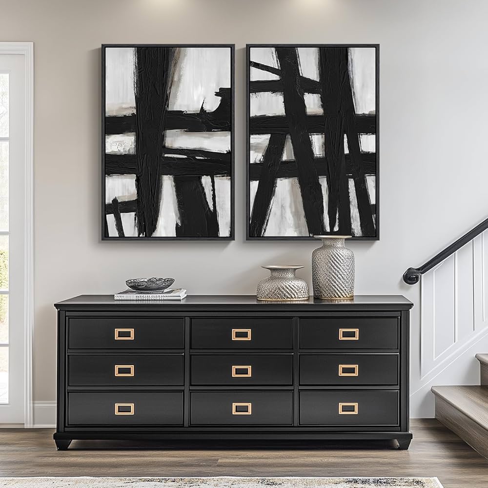 Large Framed Black and White Abstract Wall Art for Living Room, 2 Piece Modern Canvas Prints Wall Paintings Artwork for Walls, Minimalist Black Lines Pictures for Hallway Office Wall Decor 24×36 In