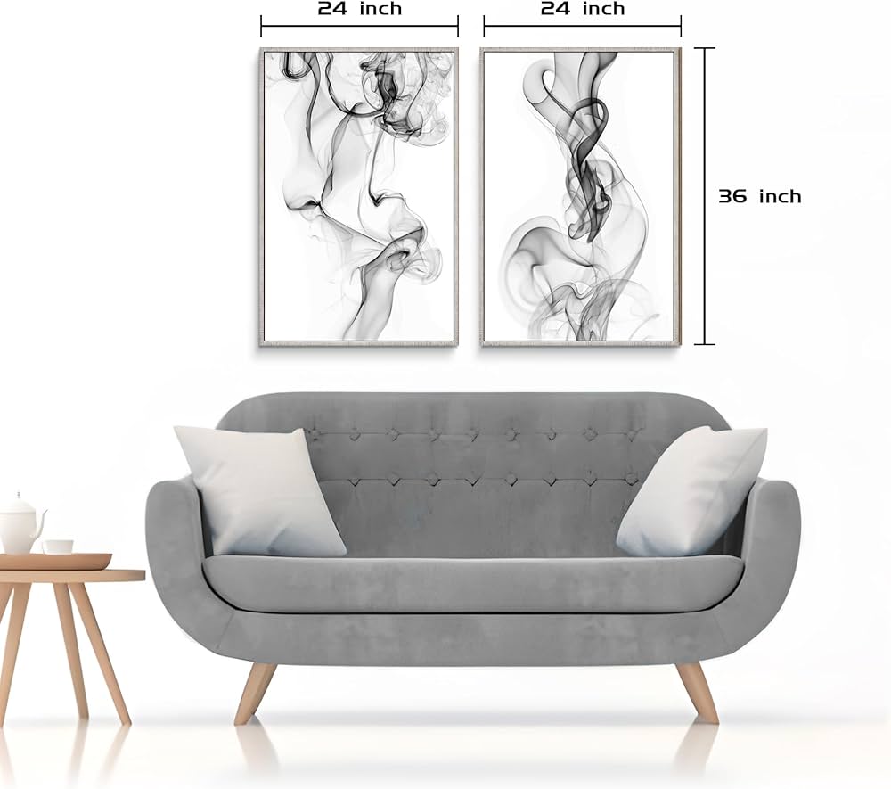 Framed Abstract Canvas Wall Art: Large Black and White Ink Painting Minimalist Artistic Watercolor Artwork for Living Room