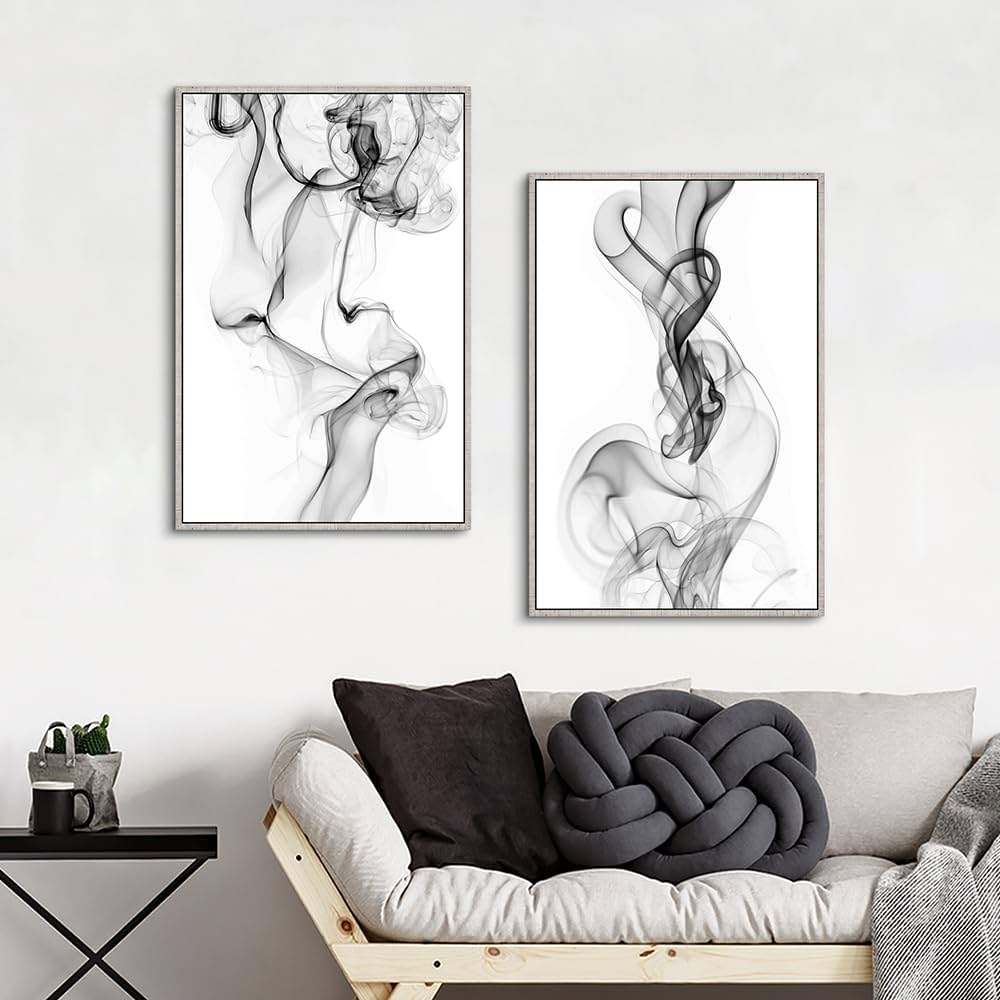 Framed Abstract Canvas Wall Art: Large Black and White Ink Painting Minimalist Artistic Watercolor Artwork for Living Room