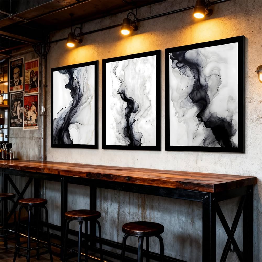 QWETYY666 Black And White Abstract Textured Wall Art Wood Black Framed Modern Living Room Canvas Wall Decor Large White Gray Minimalist Abstract Bedroom Pictures Prints Artwork 12×16 inch