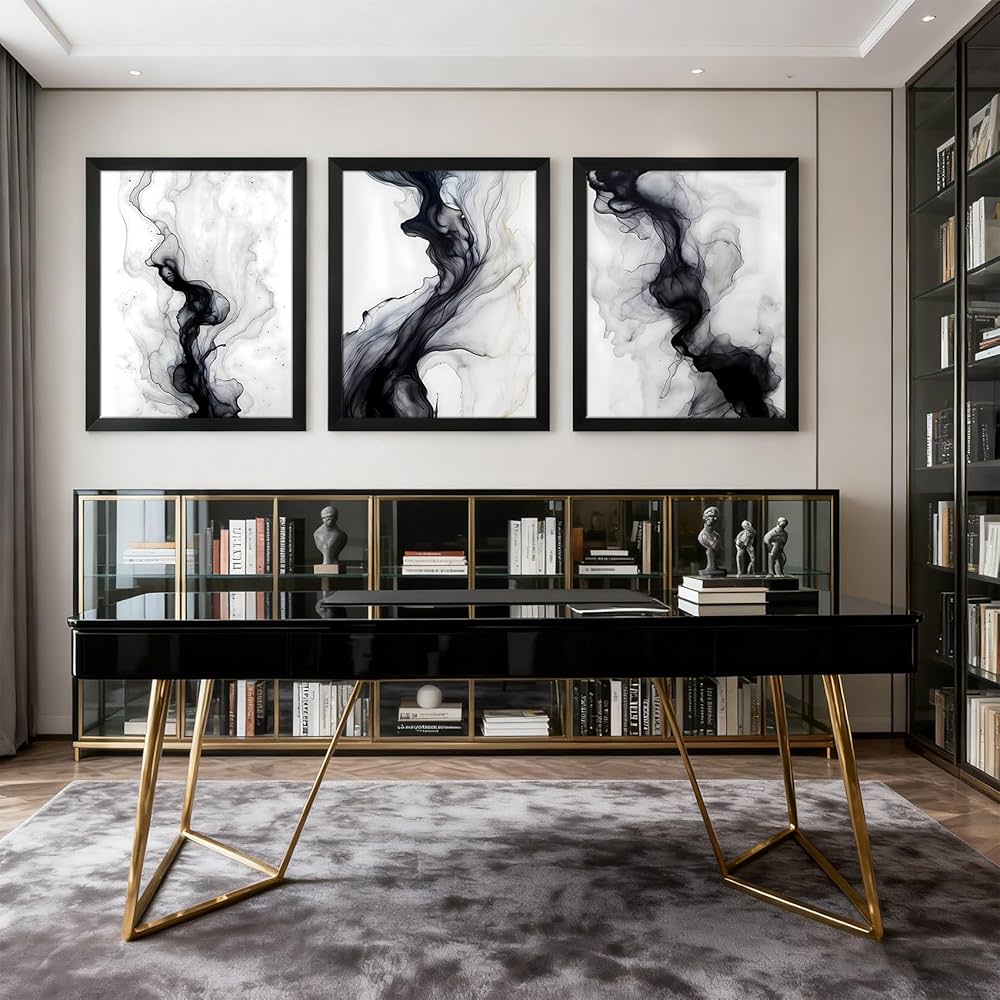 QWETYY666 Black And White Abstract Textured Wall Art Wood Black Framed Modern Living Room Canvas Wall Decor Large White Gray Minimalist Abstract Bedroom Pictures Prints Artwork 12×16 inch