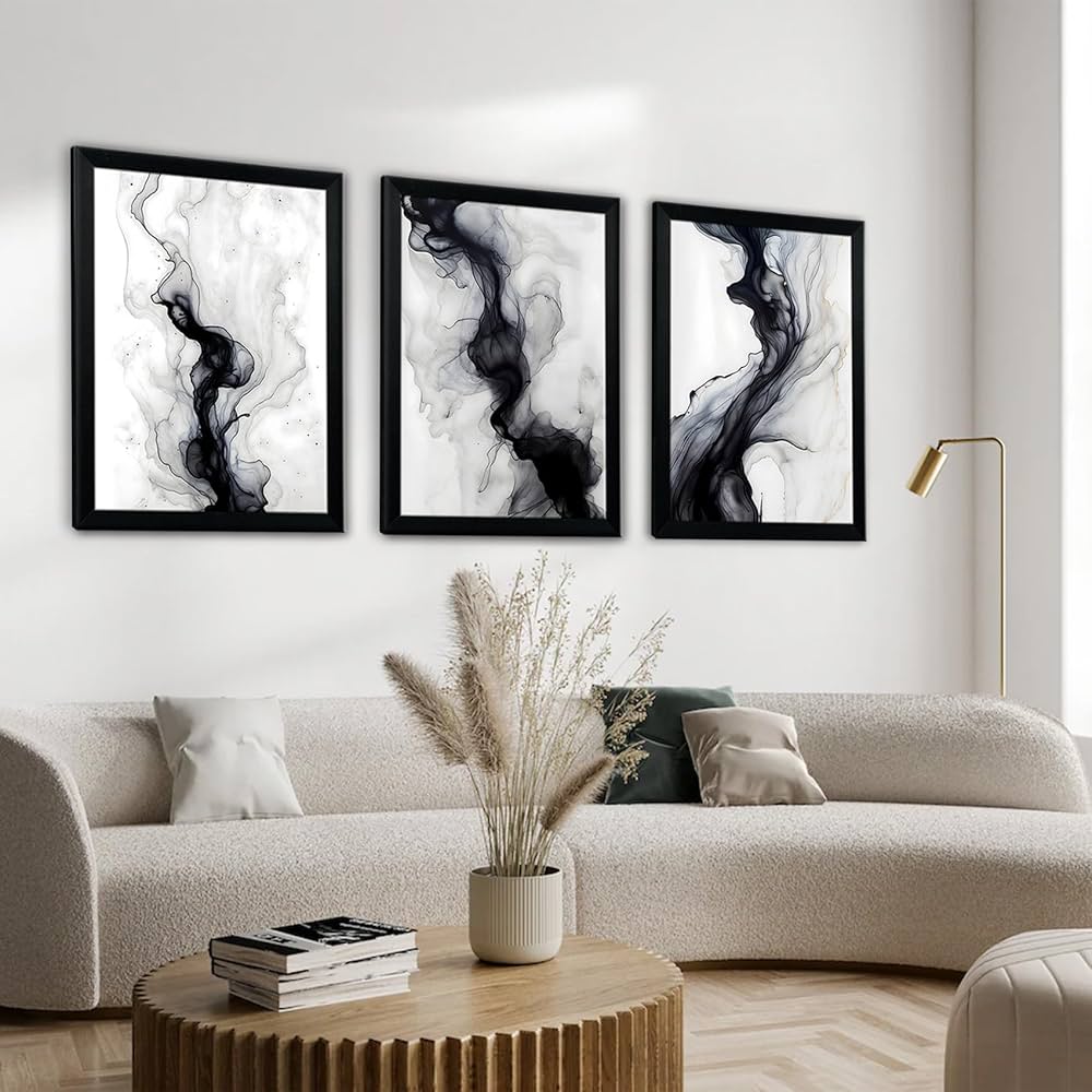 QWETYY666 Black And White Abstract Textured Wall Art Wood Black Framed Modern Living Room Canvas Wall Decor Large White Gray Minimalist Abstract Bedroom Pictures Prints Artwork 12×16 inch