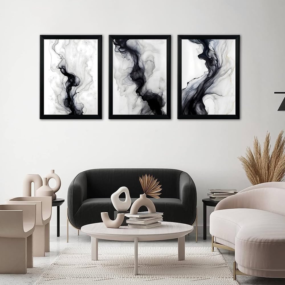 QWETYY666 Black And White Abstract Textured Wall Art Wood Black Framed Modern Living Room Canvas Wall Decor Large White Gray Minimalist Abstract Bedroom Pictures Prints Artwork 12×16 inch