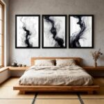 QWETYY666 Black And White Abstract Textured Wall Art Wood Black Framed Modern Living Room Canvas Wall Decor Large White Gray Minimalist Abstract Bedroom Pictures Prints Artwork 12×16 inch