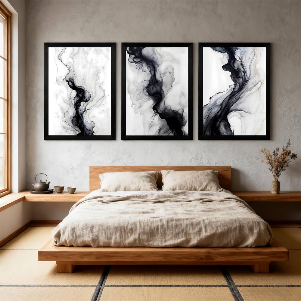QWETYY666 Black And White Abstract Textured Wall Art Wood Black Framed Modern Living Room Canvas Wall Decor Large White Gray Minimalist Abstract Bedroom Pictures Prints Artwork 12×16 inch