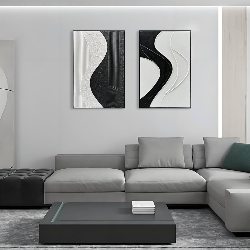 NANKAI Art Hand-Painted Black and White Texture Minimalist Oil Painting 36×24 inch Modern Abstract Art Home Office Wall Decorative Art Oil Painting (with Solid Wood Exterior Frame)