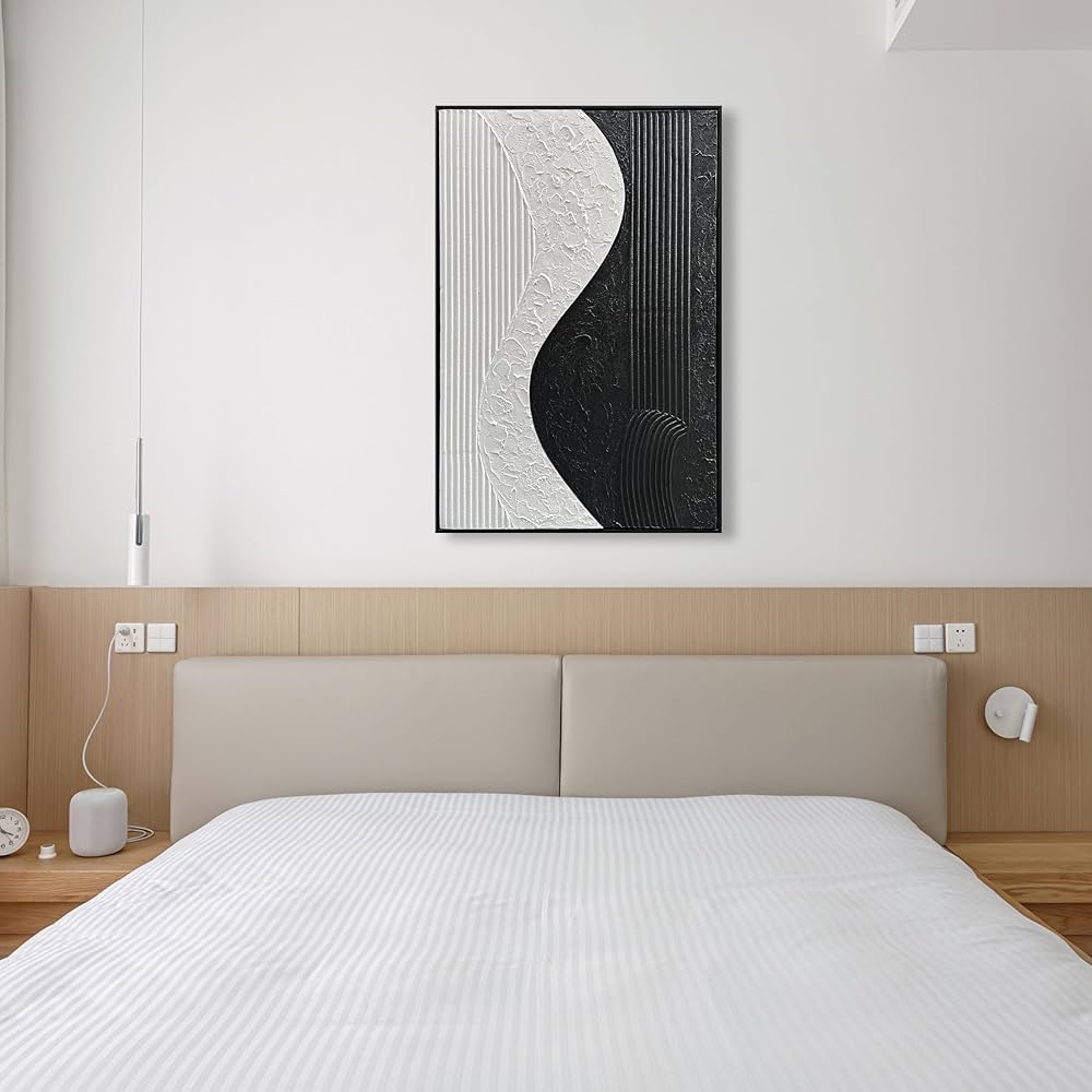 NANKAI Art Hand-Painted Black and White Texture Minimalist Oil Painting 36×24 inch Modern Abstract Art Home Office Wall Decorative Art Oil Painting (with Solid Wood Exterior Frame)