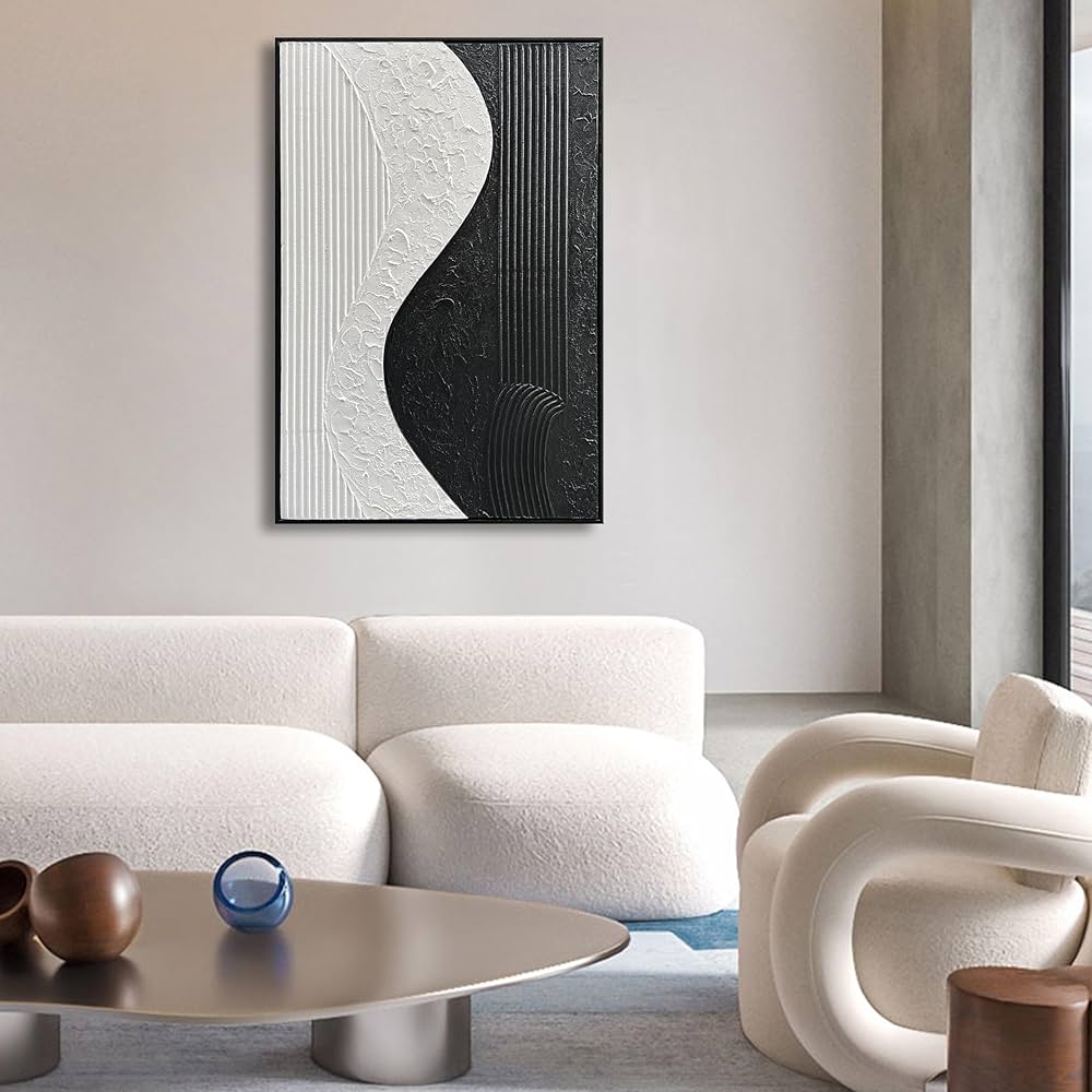 NANKAI Art Hand-Painted Black and White Texture Minimalist Oil Painting 36×24 inch Modern Abstract Art Home Office Wall Decorative Art Oil Painting (with Solid Wood Exterior Frame)