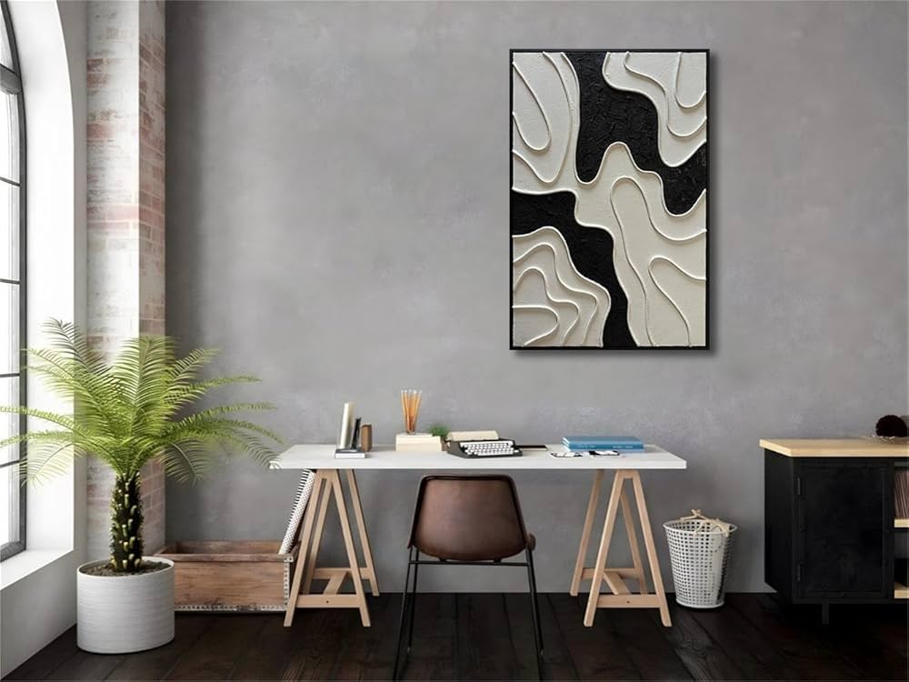 zoinart Black and White Textured Wall Art, Abstract Painting on Canvas, 24×36 Inch, Contemporary Minimalist Artwork Wall, Modern Framed Wall Decor