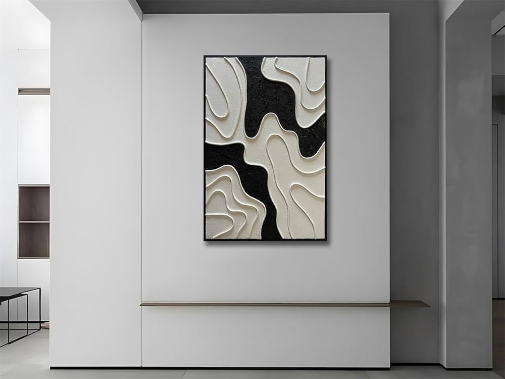 zoinart Black and White Textured Wall Art, Abstract Painting on Canvas, 24×36 Inch, Contemporary Minimalist Artwork Wall, Modern Framed Wall Decor