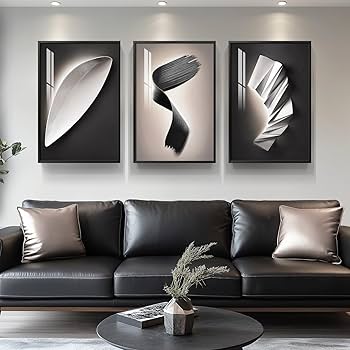 Large Framed Modern Abstract Wall Art 3 Piece Set, Black and White Decorative Artwork, Minimalist Trendy Line Geometric Bright Style Pictures Prints for Living Room Hallway and Office 24×36 Inch