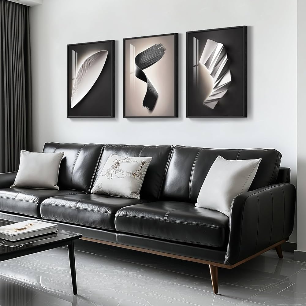 Large Framed Modern Abstract Wall Art 3 Piece Set, Black and White Decorative Artwork, Minimalist Trendy Line Geometric Bright Style Pictures Prints for Living Room Hallway and Office 24×36 Inch