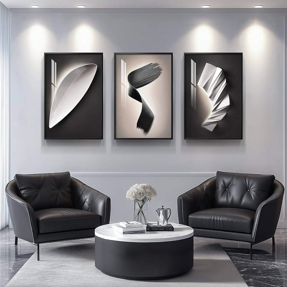 Large Framed Modern Abstract Wall Art 3 Piece Set, Black and White Decorative Artwork, Minimalist Trendy Line Geometric Bright Style Pictures Prints for Living Room Hallway and Office 24×36 Inch