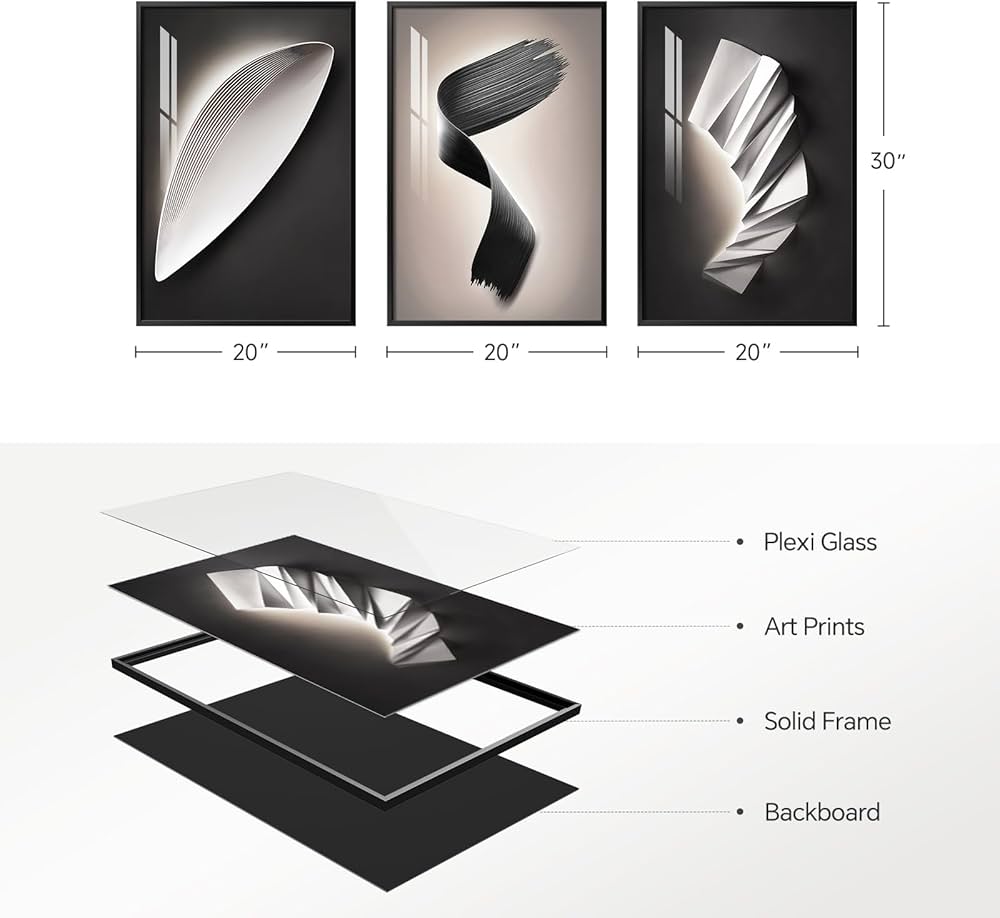Large Framed Modern Abstract Wall Art 3 Piece Set, Black and White Decorative Artwork, Minimalist Trendy Line Geometric Bright Style Pictures Prints for Living Room Hallway and Office 24×36 Inch