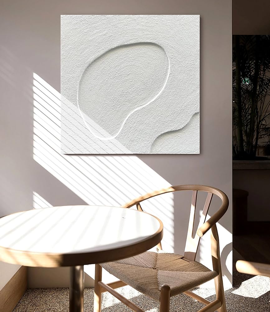 NANKAI Art Hand-Painted White Canvas Wall Art Abstract Thick Texture Oil Painting Modern Minimalist Art Home Wall Decoration Painting 24×24 inches