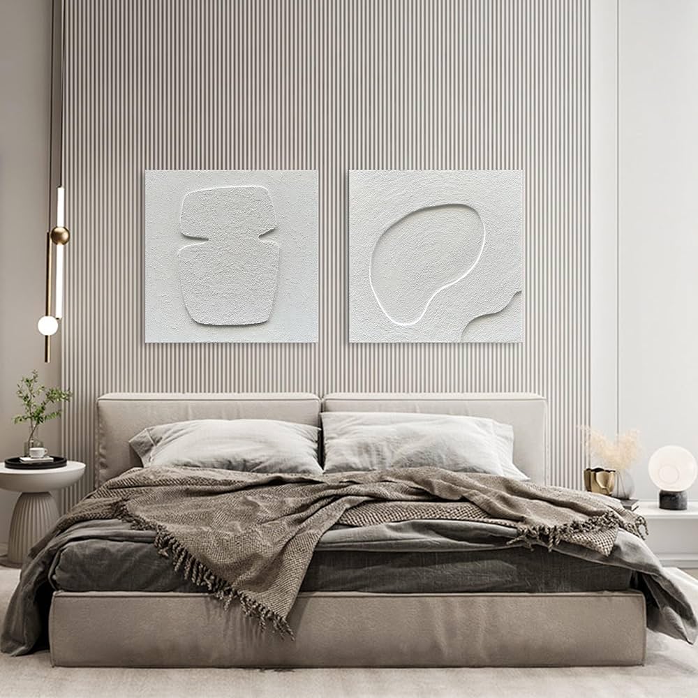 NANKAI Art Hand-Painted White Canvas Wall Art Abstract Thick Texture Oil Painting Modern Minimalist Art Home Wall Decoration Painting 24×24 inches