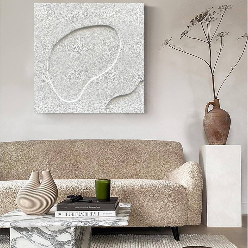 NANKAI Art Hand-Painted White Canvas Wall Art Abstract Thick Texture Oil Painting Modern Minimalist Art Home Wall Decoration Painting 24×24 inches