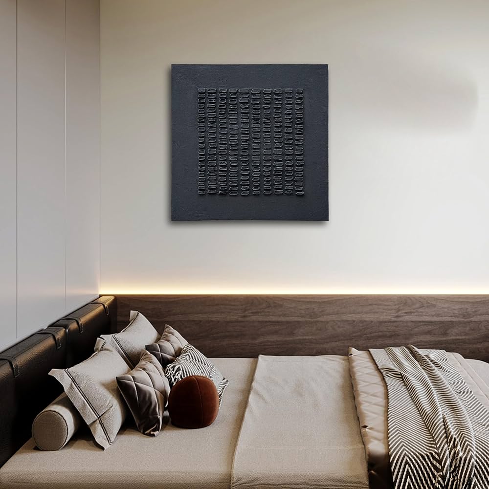 NANKAI Art Hand-Painted Black Thick Texture Abstract Art Contemporary Minimalist Canvas Oil Painting Home and Office Wall Decoration Art, 24×24 inches