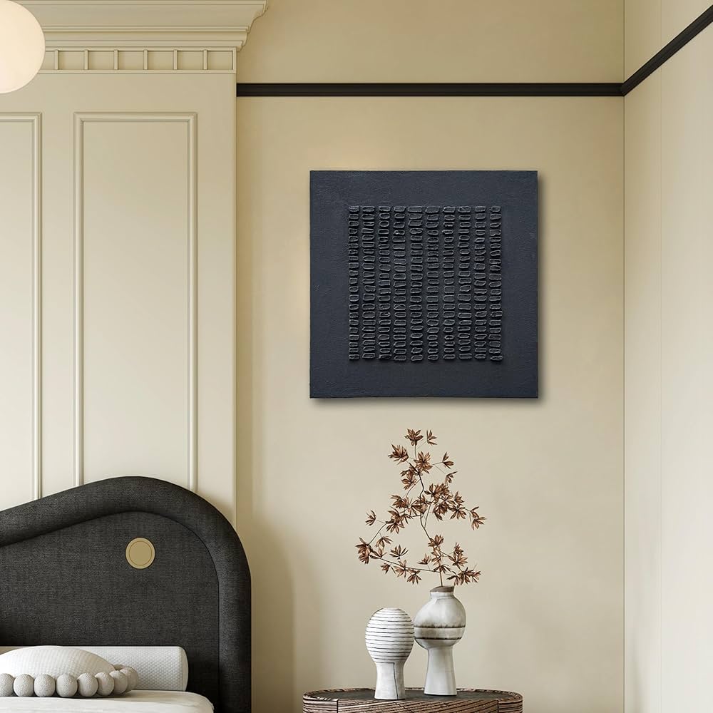 NANKAI Art Hand-Painted Black Thick Texture Abstract Art Contemporary Minimalist Canvas Oil Painting Home and Office Wall Decoration Art, 24×24 inches