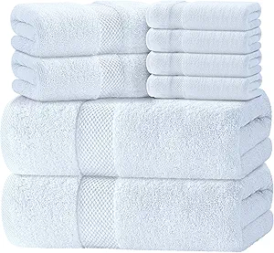Luxury White Bath Towel Set of 8 Pieces – 100% Turkish Cotton 700 GSM Highly Absorbent Towels for Bathroom, 2 Bath Towels, 2 Hand Towels, 4 Washcloths