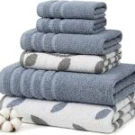 Modern Threads Organic Vines 6-Piece 100% Cotton Towel Set – Yarn Dyed Jacquard & Solid – Includes 2 Bath Towels, 2 Hand Towels, 2 Washcloths – Absorbent, Quick Dry, Soft & Durable – Blue