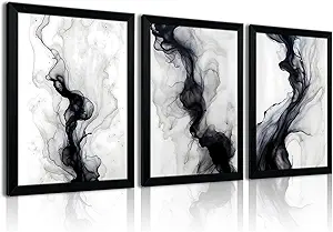 QWETYY666 Black And White Abstract Textured Wall Art Wood Black Framed Modern Living Room Canvas Wall Decor Large White Gray Minimalist Abstract Bedroom Pictures Prints Artwork 12×16 inch