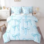 jejeloiu Blue Bow 7 Piece Bedding Set Full Size Cute Bowknot Comforter Set with Sheets for Kids Adult Princess Style Bed in a Bag Kawaii Bow Tie Bed Set